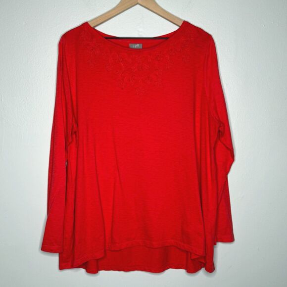 J.Jill Womens Knit‎ Top XL Red Shirt Embroidered Scoop Basics Cotton Casual - Picture 1 of 8